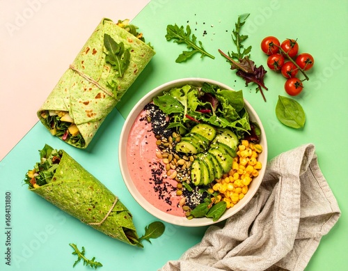 Vibrant and healthy plant-based meal featuring green wraps, a colorful smoothie bowl with avocado, corn, and mixed greens, artfully arranged on a two-tone background.