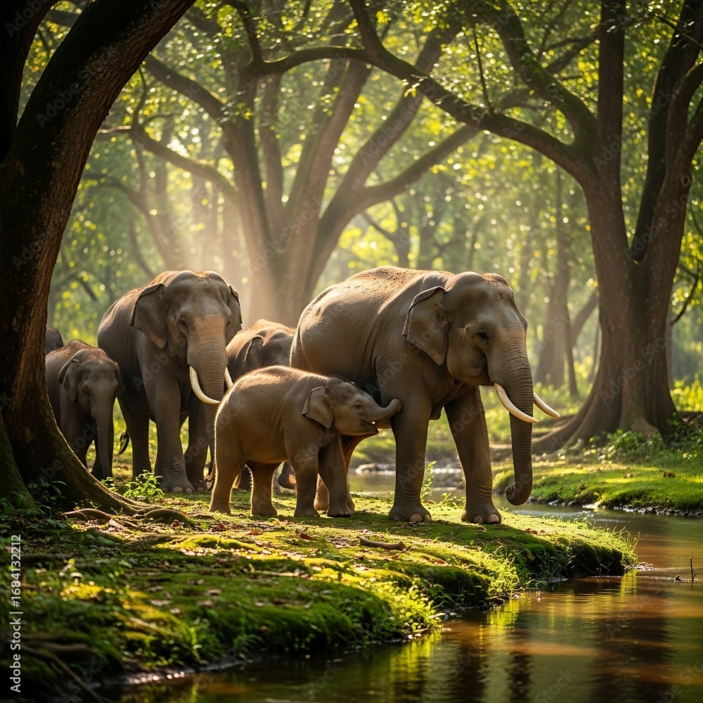 Fototapeta premium Elephant Family in Lush Forest Scene.
