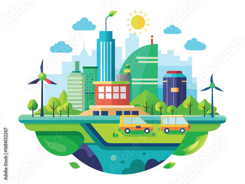 Futuristic eco-friendly cityscape with wind turbines and green transportation