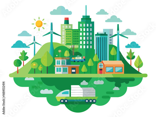 Eco-friendly green cityscape with wind turbines and sustainable transportation