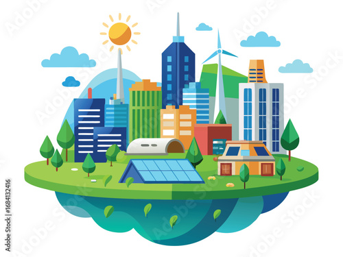 Vibrant futuristic eco-city floating island with sustainable technologies and green spaces