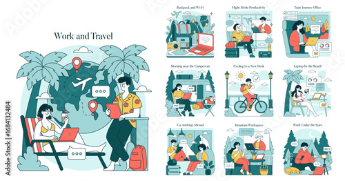 Remote Work and Travel Vector Illustration Set