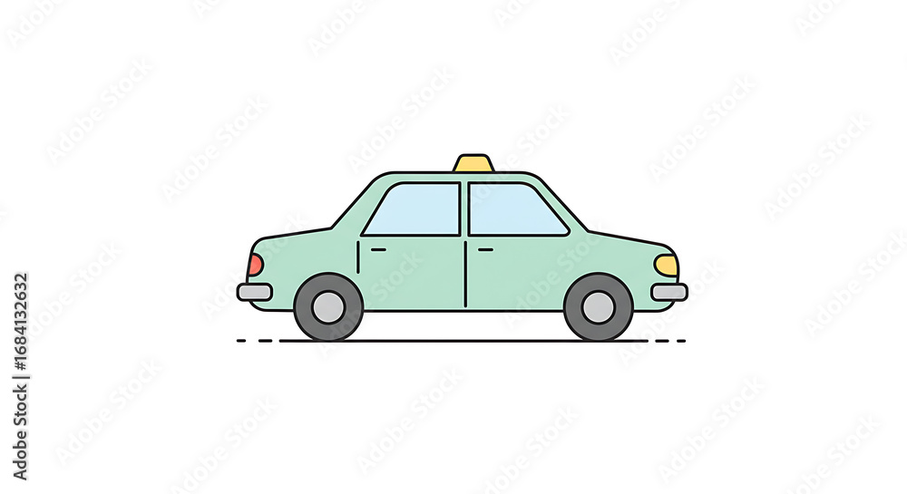 Fototapeta premium A whimsical cartoon illustration of a light green sedan with a classic yellow taxi sign on its roof traveling on a dashed line road on a plain white background capturing the essence of urban transport