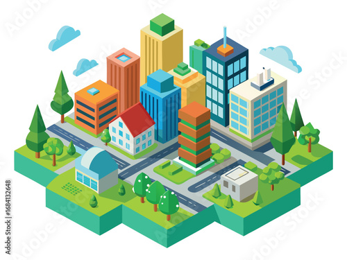 Vibrant eco-cityscape with green buildings and modern architecture