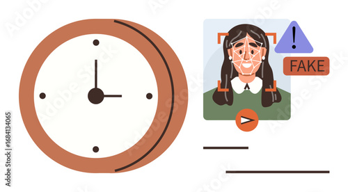 Clock and human face in frame analysis with warning triangle and Fake tag. Ideal for technology, cyber security, deepfake detection, time management, AI, identity verification, ethical AI, simple