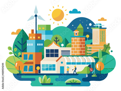 Vibrant eco-hub scene sustainable cityscape with green energy and community life