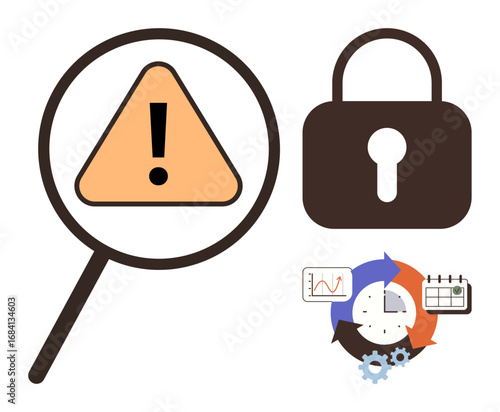 Magnifying glass over alert triangle, locked padlock, and clock diagram with gears. Ideal for cybersecurity, risk management, data protection, process optimization, analysis, warning simple flat
