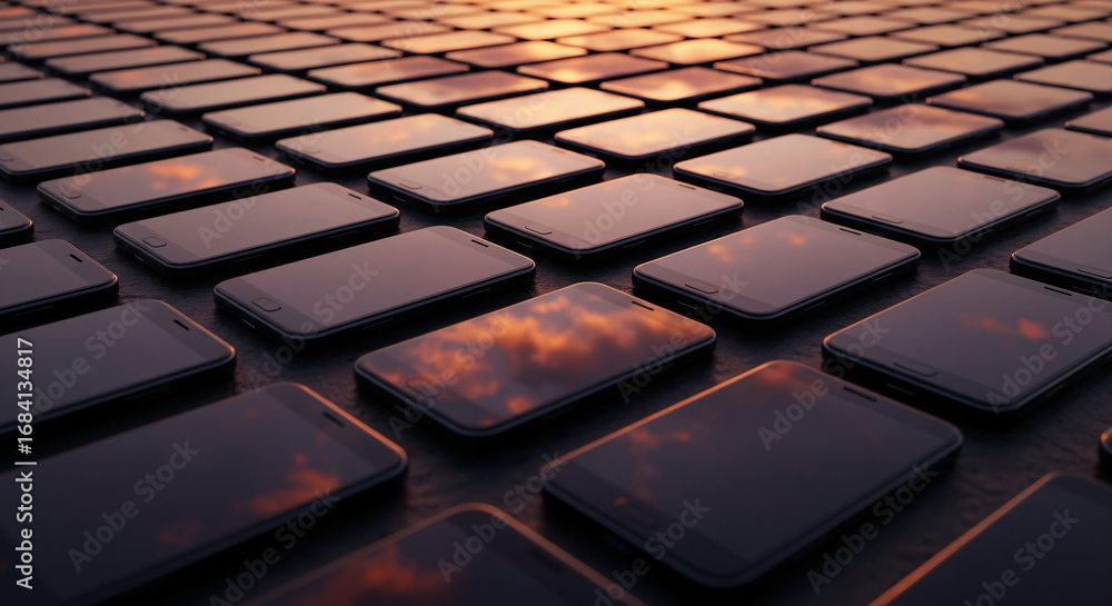 Fototapeta premium Grid of smartphones reflecting a sunset sky