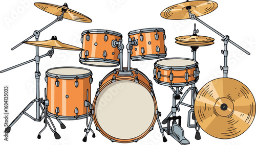 orange drum kit, music instrument, percussion, studio setup, detailed illustration