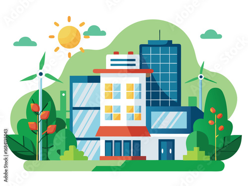 Eco-friendly urban scene with sustainable buildings solar power and wind turbines promoting green living