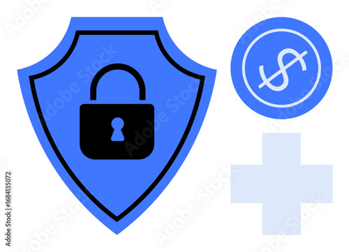 Blue shield with a lock, coin with a dollar inside a circle, and medical cross symbol. Ideal for security, finance, healthcare, protection, insurance, savings and simple flat metaphor