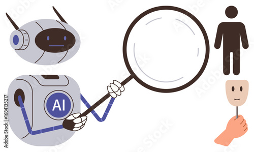 AI robot using magnifying glass to examine human figure and mask, representing identity, technology, and ethics. Ideal for AI, machine learning, identity, innovation, ethics analysis technology
