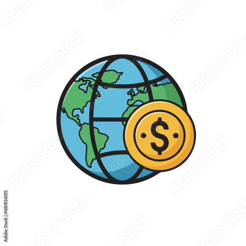 A blue globe with green continents has a gold coin superimposed over it The coin features a dollar sign