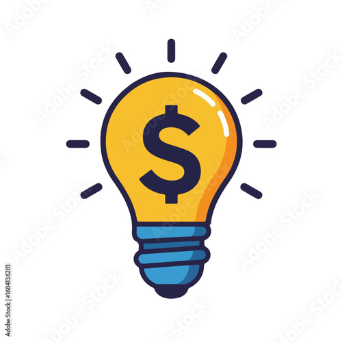 A cartoon lightbulb with a dollar sign in it The bulb is yellow has a blue base and black lines extending outward