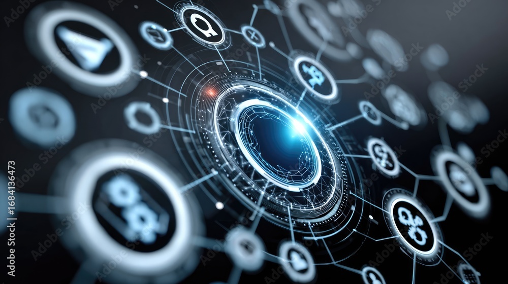 Obraz premium An abstract representation of a digital network showcasing interconnected nodes and icons symbolizing communication, data exchange, and modern technology in a visually striking man