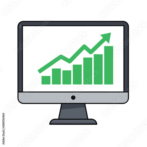 A computer monitor displays a green rising graph with bars and a line indicating upward progress