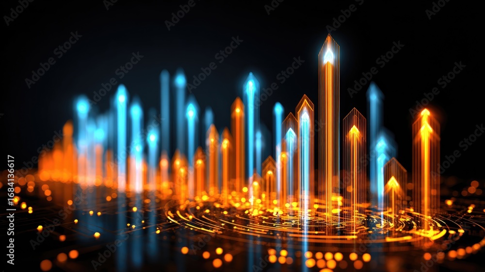 Fototapeta premium A vibrant and dynamic representation of data visualization, featuring glowing, multicolored bars that rise and fall, signifying trends and analytics in a digital landscape.