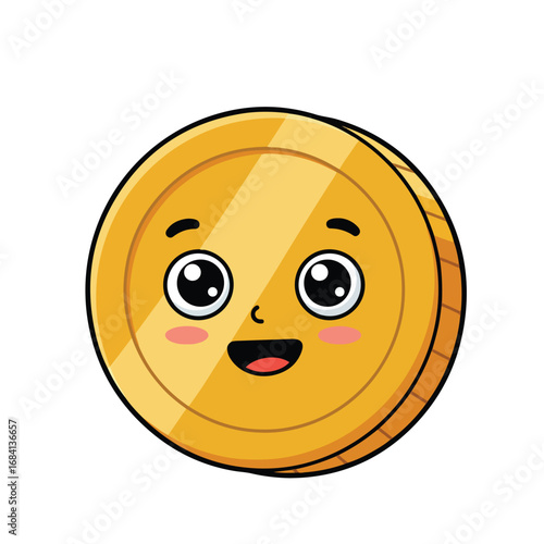 A gold coin with eyes a mouth and rosy cheeks The coin has a black outline and a shiny reflection