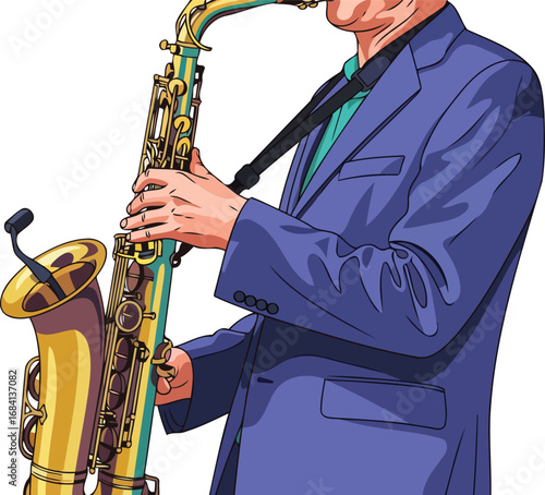 saxophonist in blue suit masterfully plays golden sax