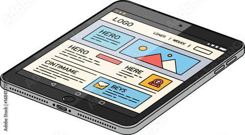 isometric tablet displaying modern website design clean interface, colorful icons, and userfriendly layout