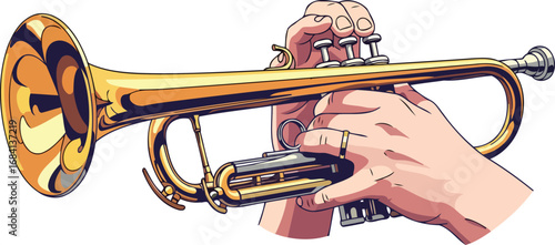 golden trumpet in skilled hands a detailed musical instrument illustration