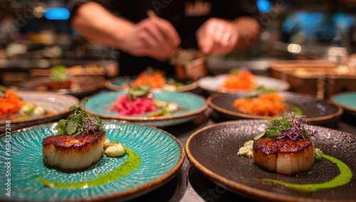 Close-up of chef preparing small plates of seafood. 