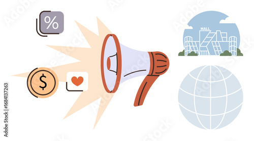 Loudspeaker projecting communication symbols including percentage, currency, heart. Global grid and retail architecture. Ideal for marketing, advertisement, promotion, communication, e-commerce