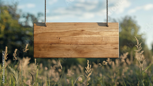 Placa de madeira em branco suspensa por cordas em campo de grama e paisagem desfocada