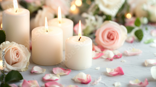 Velas brancas e rosas em um cenário memorial ou funeral