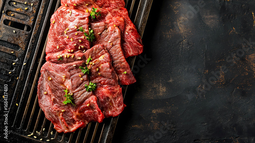 Carne crua temperada para yakiniku em uma grelha