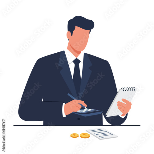 A man in a suit using a calculator and notepad Coins and paper are on the table