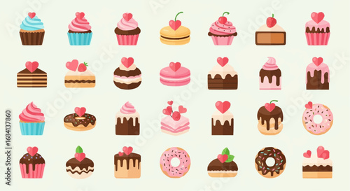 I love food day semptember 9 valentine's day cupcakes and donuts vector illustration, sweet desserts with hearts for love celebration vector