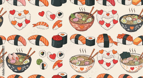 I love food day semptember 9 seamless pattern with sushi and ramen bowls for valentine's day japanese food background vector illustration vector