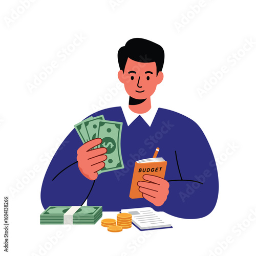 A person holds cash and a budget notebook Stacks of cash coins and a ledger are on a table