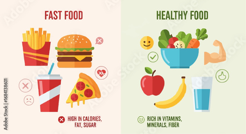 I love food day semptember 9 fast food versus healthy food comparison illustration showing nutrition facts and dietary choices for wellness vector