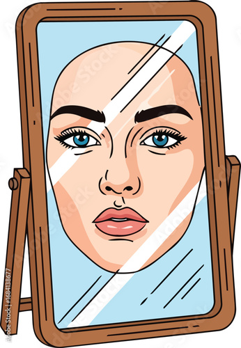 womans face reflected in a brown wooden vanity mirror