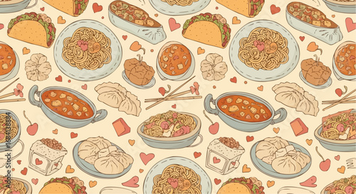 I love food day semptember 9 seamless pattern of various asian food dishes including noodles dumplings tacos and curries for restaurant decor vector