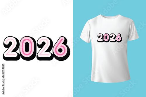 Textured blue t-shirt with bold 2026 design on purple background. Happy New Year 2026