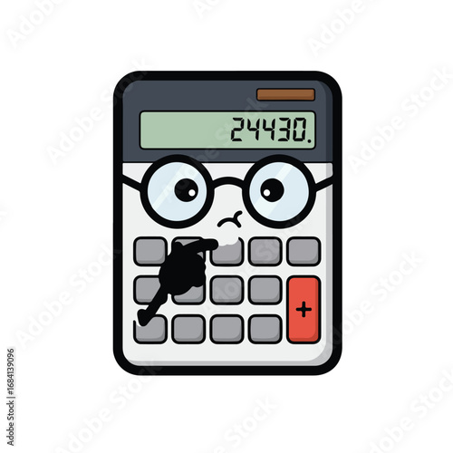Cartoon calculator with glasses finger pressing buttons Digits on display