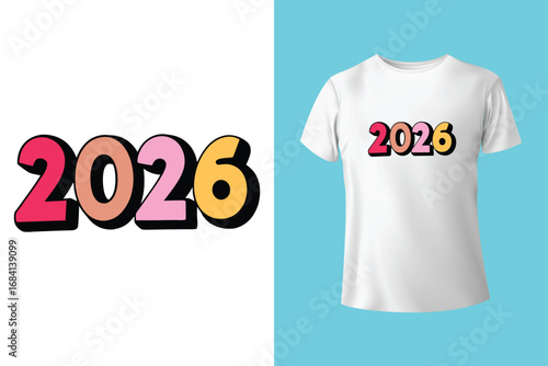 Textured blue t-shirt with bold 2026 design on purple background. Happy New Year 2026