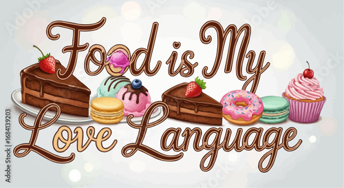 I love food day semptember 9 food is my love language desserts cakes cupcakes donuts macarons ice cream sweet treats bakery baking delicious vector