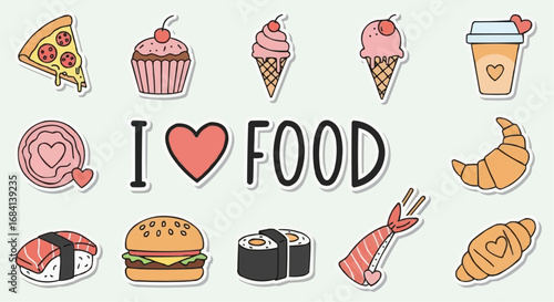 I love food day semptember 9 i love food sticker set featuring pizza cupcake ice cream coffee croissant sushi burger and shrimp drawing vector