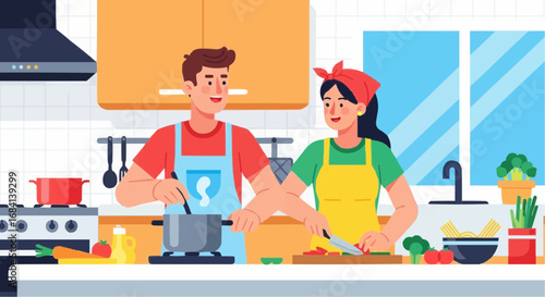 I love food day semptember 9 couple cooking together in kitchen preparing food healthy meal recipe vector illustration and lifestyle scene vector