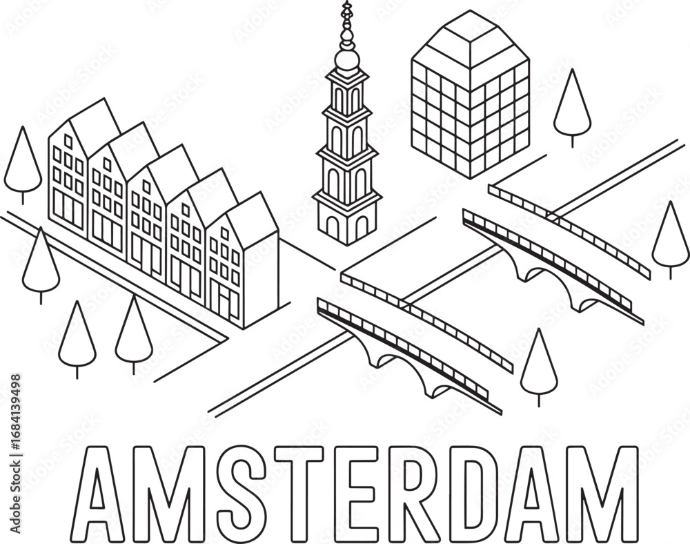 Fototapeta premium Amsterdam Cityscape Isometric View with Canals, Buildings, and Bridges Vector Graphic