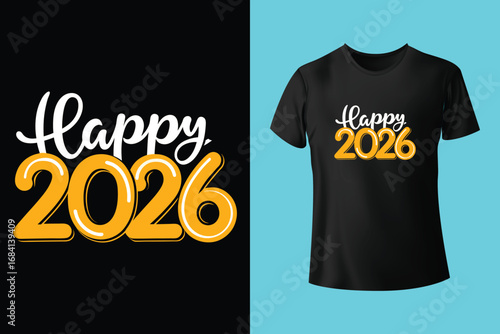 Textured blue t-shirt with bold 2026 design on purple background. Happy New Year 2026