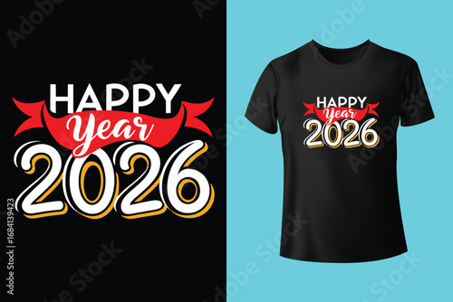 Textured blue t-shirt with bold 2026 design on purple background. Happy New Year 2026