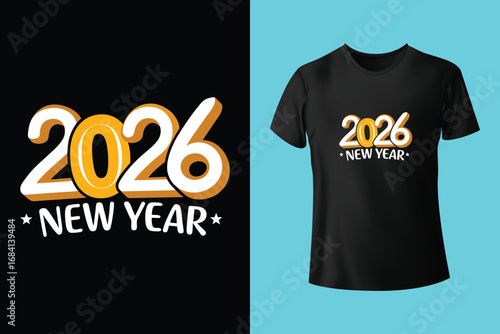 Textured blue t-shirt with bold 2026 design on purple background. Happy New Year 2026