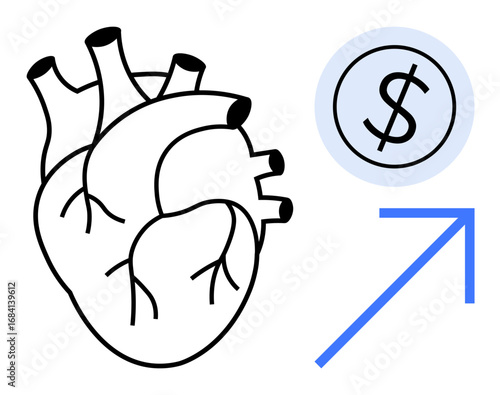 Anatomical heart next to dollar sign inside circle and upward arrow. Ideal for healthcare cost, financial investment, medical funding, health improvement, economic success, wellness, simple flat