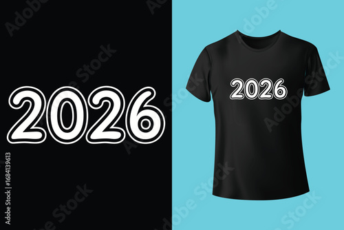 Textured blue t-shirt with bold 2026 design on purple background. Happy New Year 2026