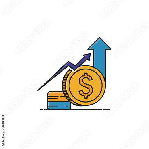 Illustration of a gold coin with a dollar sign ascending arrow and a stack of cards